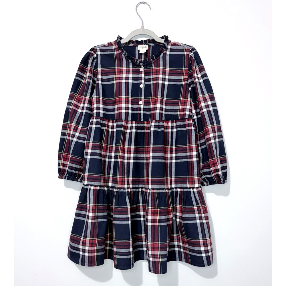 Crewcuts Girls Tiered Dress 8 Cotton Navy Rad White Plaid Long Sleeve Button